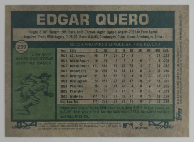 2026 Topps Heritage Edgar Quero #239 Chicago White Sox back