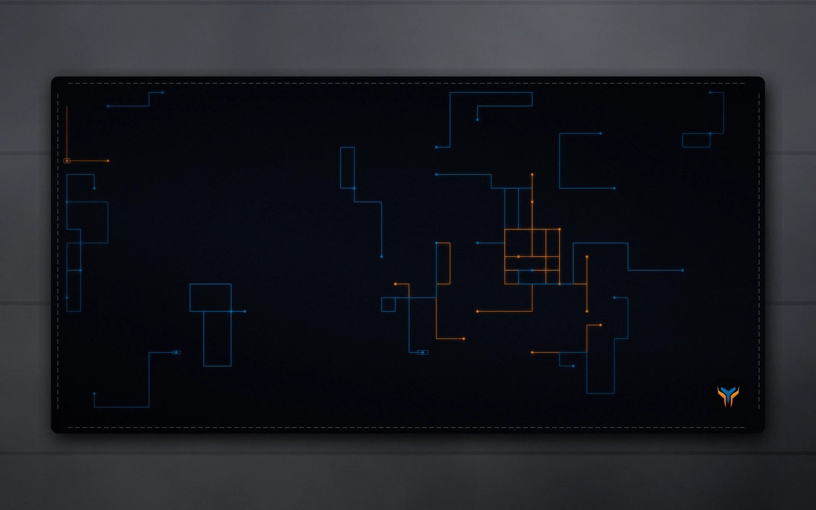 Elemental Circuit desk mat, 36 x 18 in, on a desk, from above