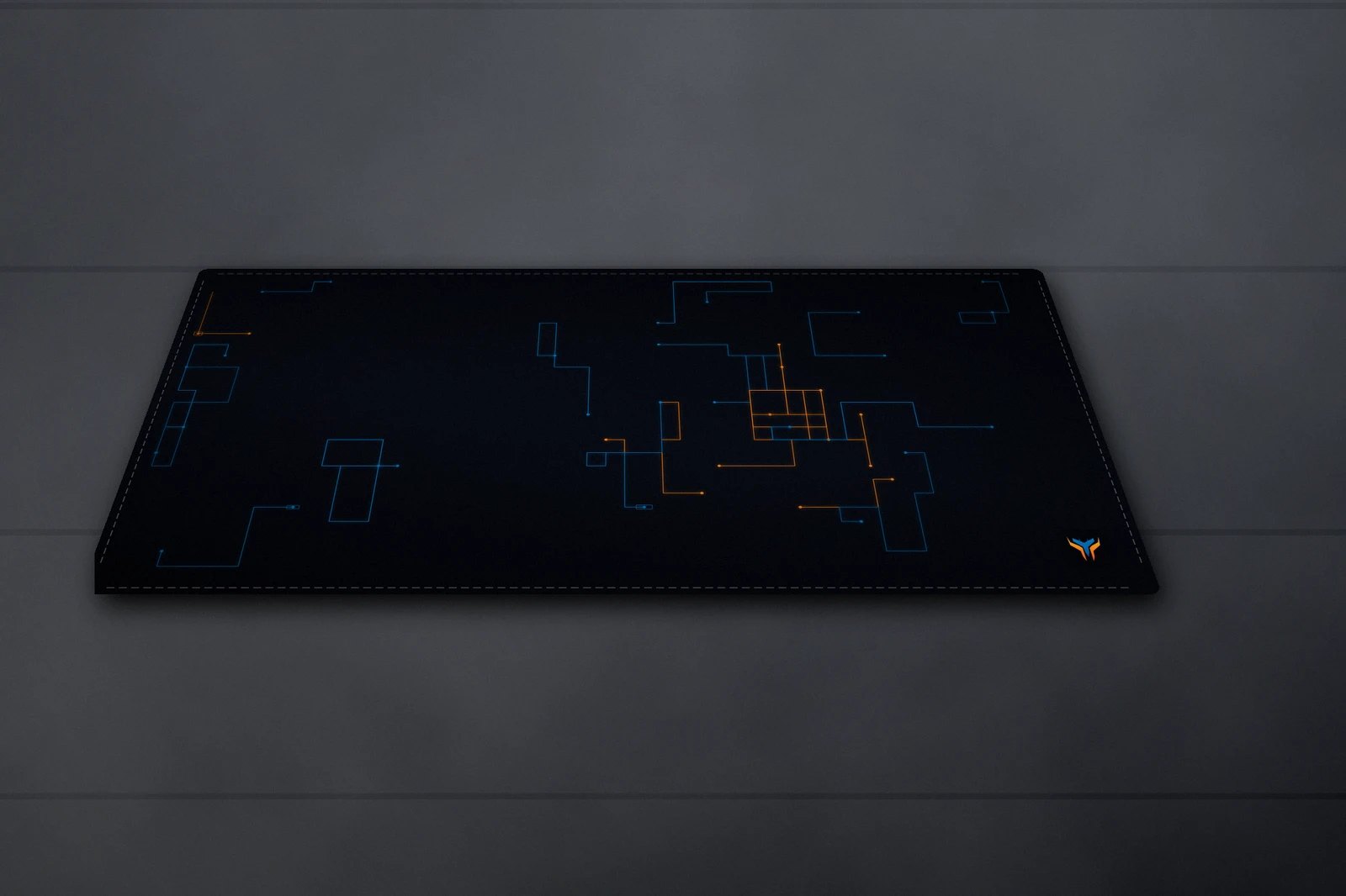 Elemental Circuit desk mat, 16 x 32 in, on a desk, angled