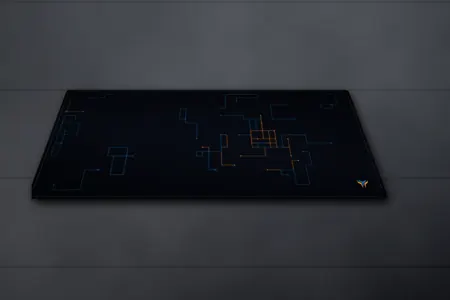 Elemental Circuit desk mat, 16 x 32 in, on a desk, angled