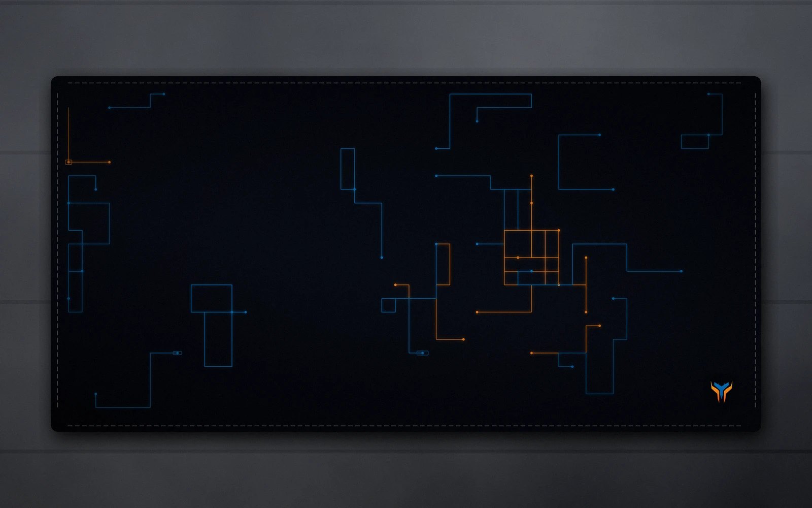 Elemental Circuit desk mat, 16 x 32 in, on a desk, from above