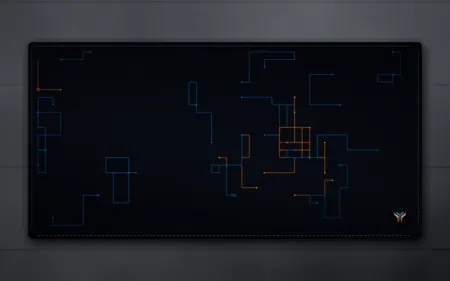 Elemental Circuit desk mat, 16 x 32 in, on a desk, from above