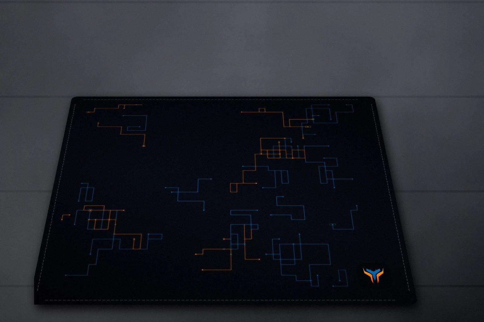 Elemental Circuit desk mat, 18 x 16 in, on a desk, angled