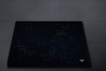 Elemental Circuit desk mat, 18 x 16 in, on a desk, angled