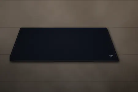 Elemental Minimal desk mat, 16 x 32 in, on a desk, angled