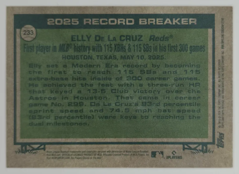 2026 Topps Heritage Elly De La Cruz #233 2025 Record Breaker Cincinnati Reds back