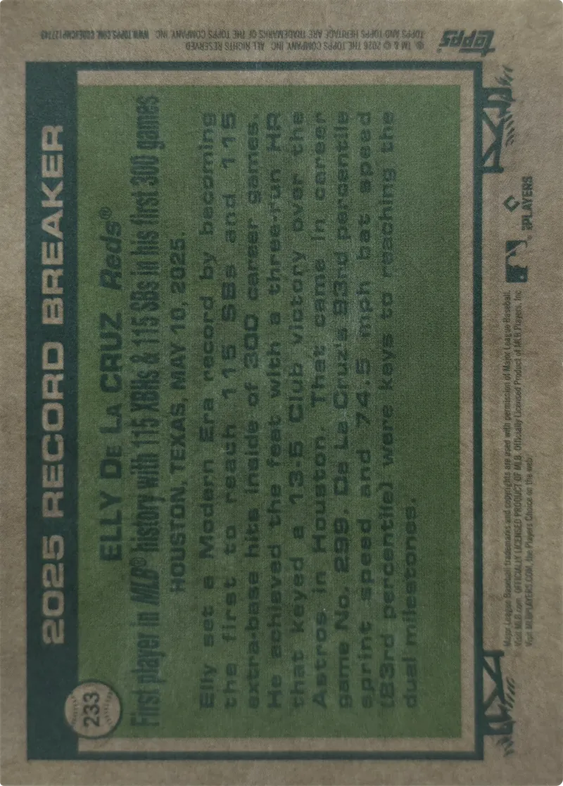 2026 Topps Heritage Elly De La Cruz #233 2025 Record Breaker Cincinnati Reds, back