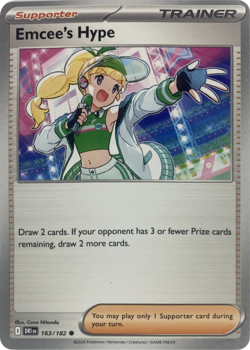 2025 Pokemon Destined Rivals Emcee's Hype #163/182 Common Trainer front