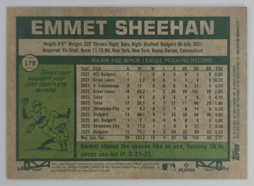 2026 Topps Heritage Emmet Sheehan #178 Los Angeles Dodgers back
