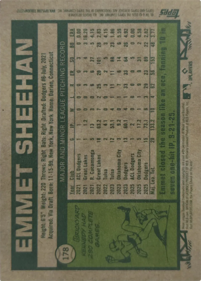 2026 Topps Heritage Emmet Sheehan #178 Los Angeles Dodgers, back