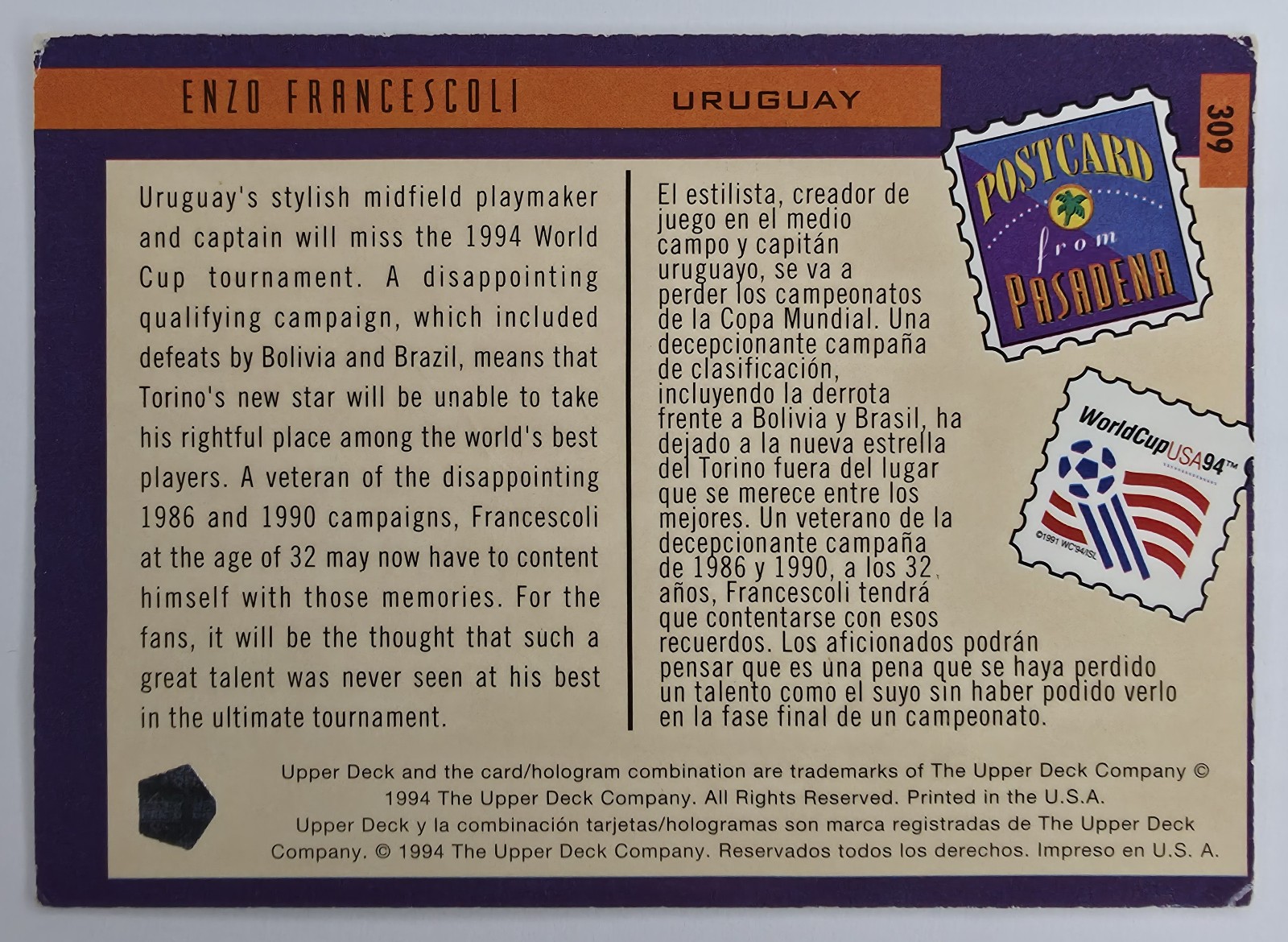 1994 Upper Deck World Cup English/Spanish Enzo Francescoli #309 Uruguay Postcard from Pasadena back