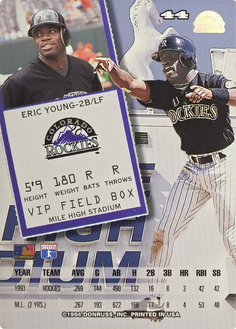 1994 Leaf Eric Young #44 Colorado Rockies, back