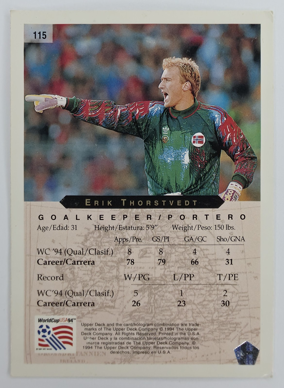1994 Upper Deck World Cup English/Spanish Erik Thorstvedt #115 Norway back