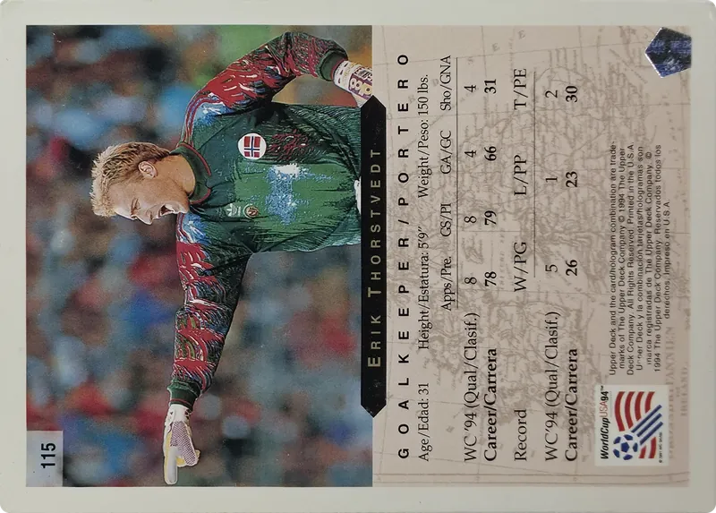 1994 Upper Deck World Cup English/Spanish Erik Thorstvedt #115 Norway, back