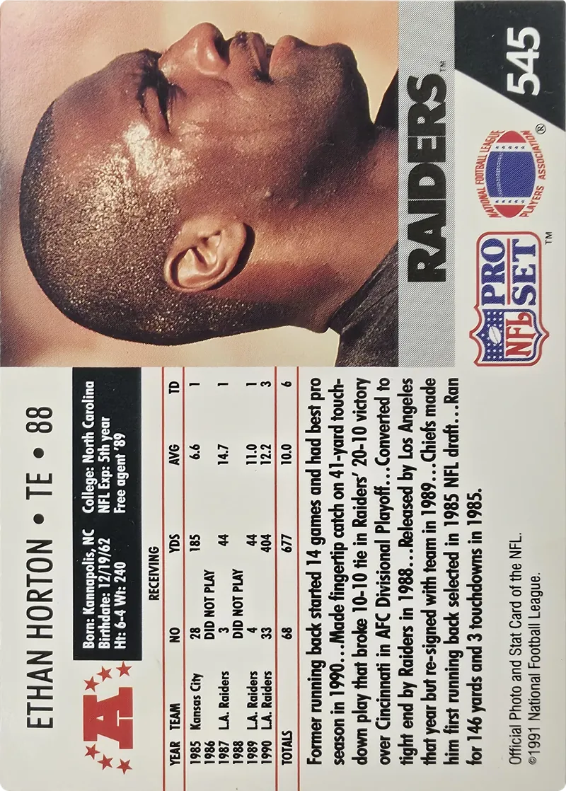 1991 Pro Set Ethan Horton #545, back