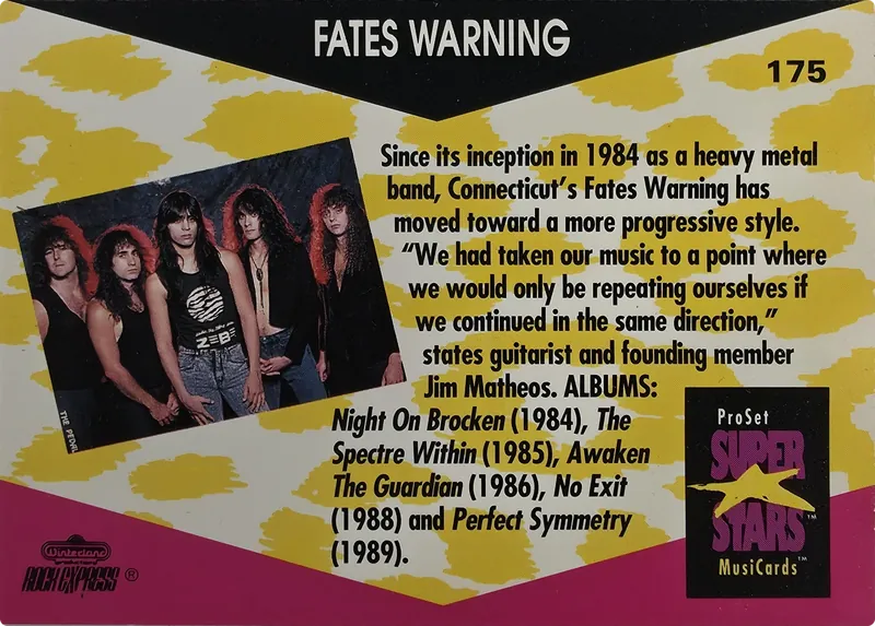 1991 Pro Set SuperStars MusiCards Fates Warning #175, back