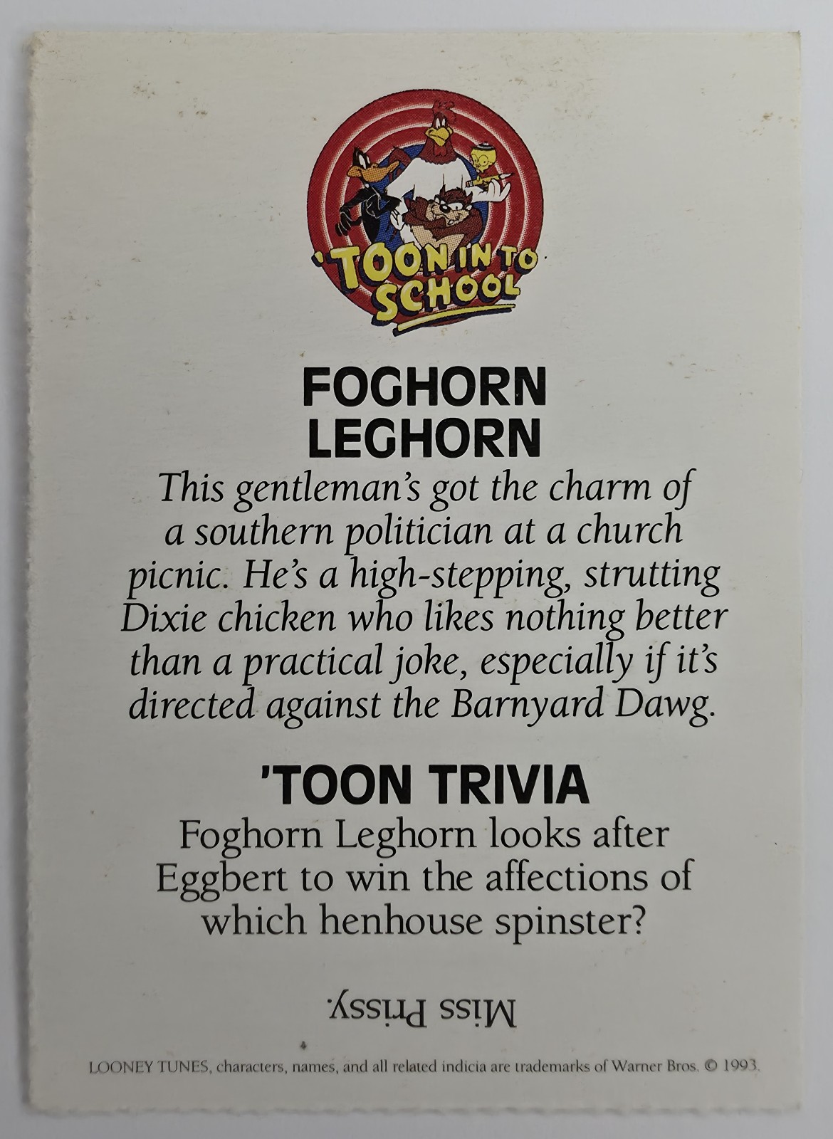Foghorn Leghorn 'Toon In To School card back