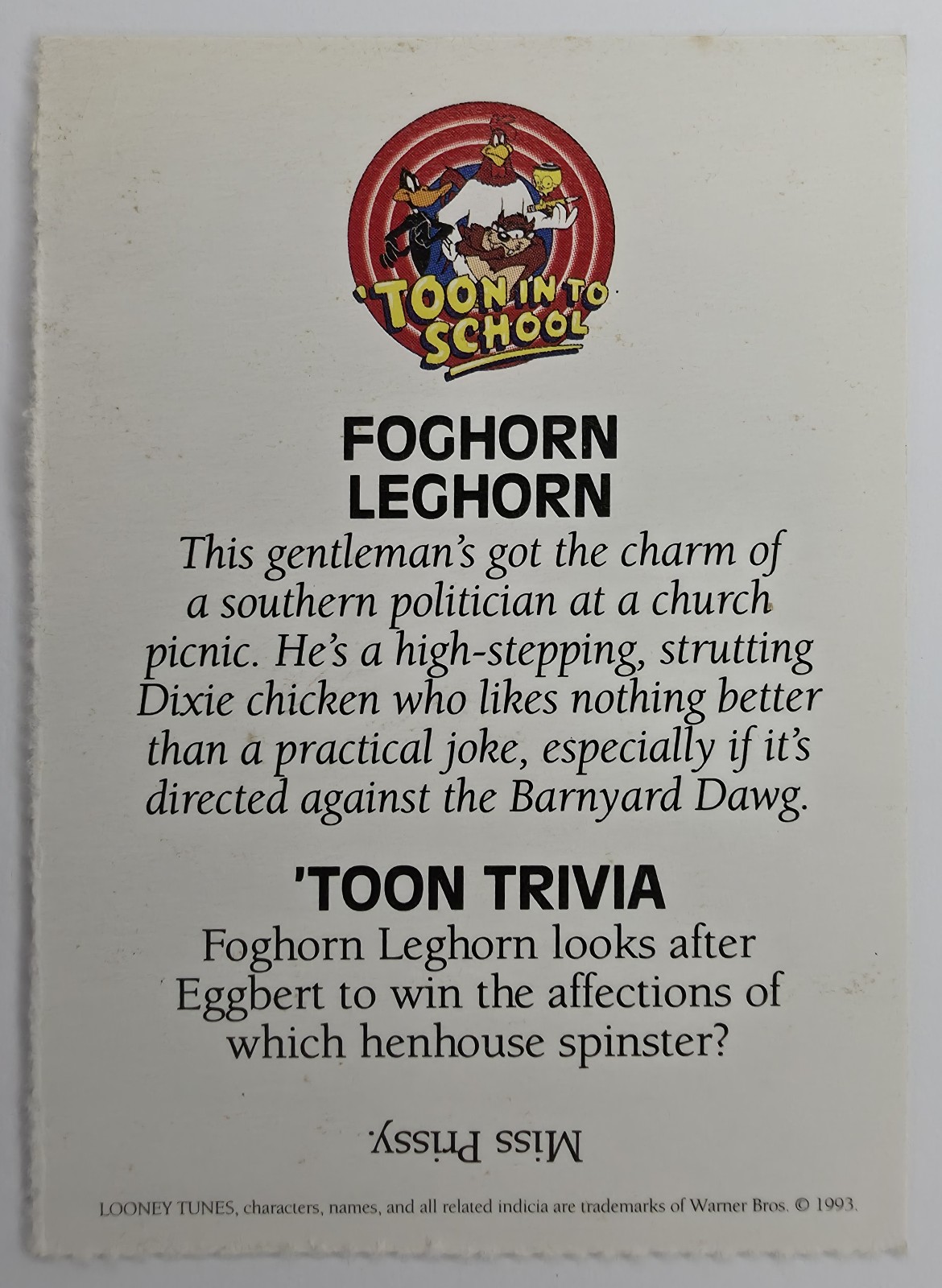 Foghorn Leghorn 'Toon In To School card back