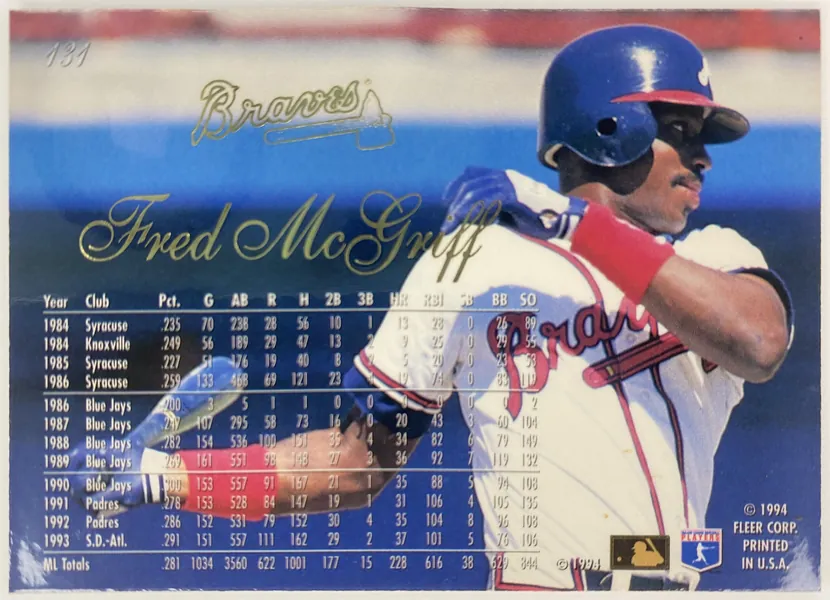 1994 Flair Fred McGriff #131 Atlanta Braves back
