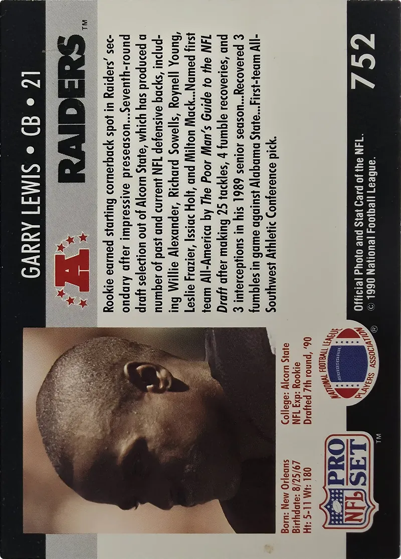 1990 Pro Set Garry Lewis #752 Rookie, back