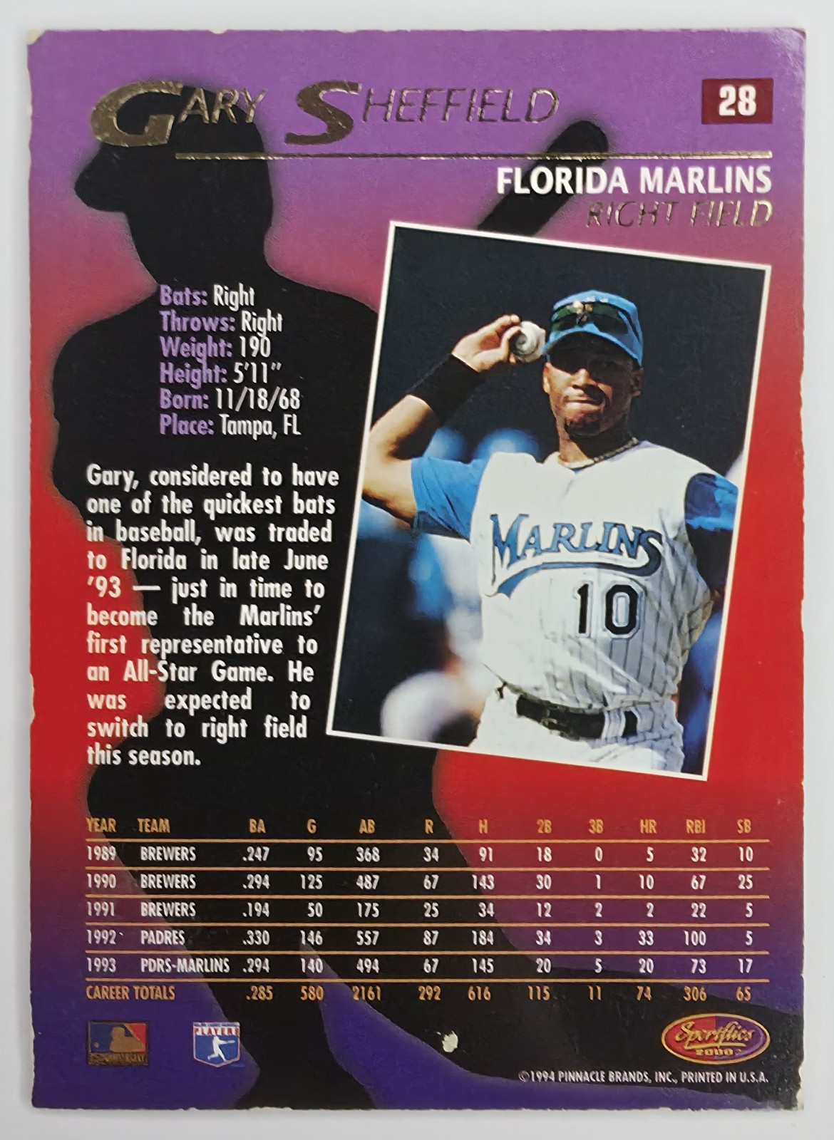 1994 Sportflics 2000 Gary Sheffield #28 Florida Marlins back