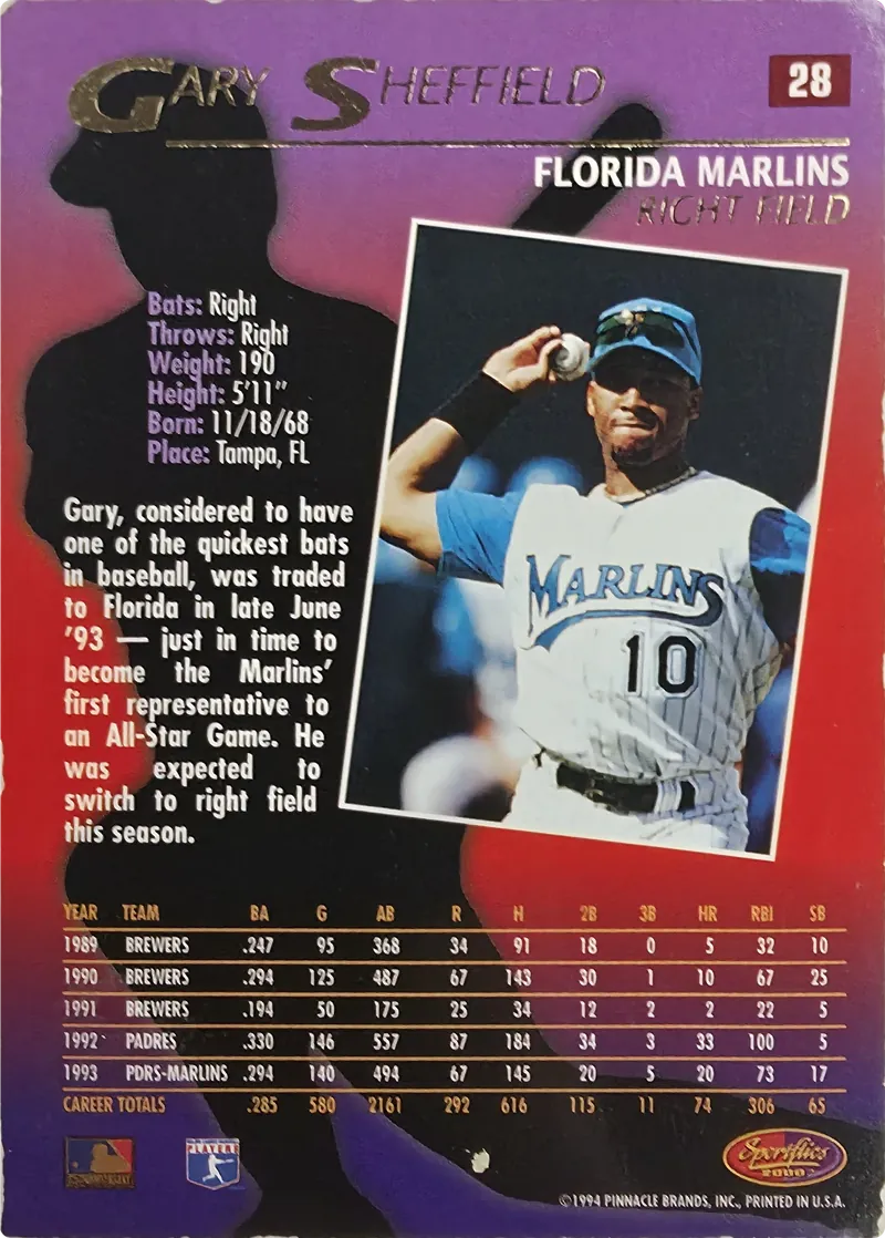 1994 Sportflics 2000 Gary Sheffield #28 Florida Marlins, back