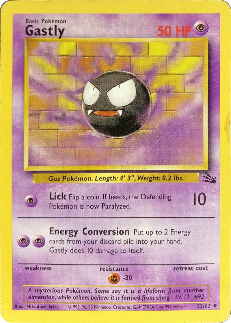 1999 Pokemon Fossil Gastly #33/62 Uncommon front