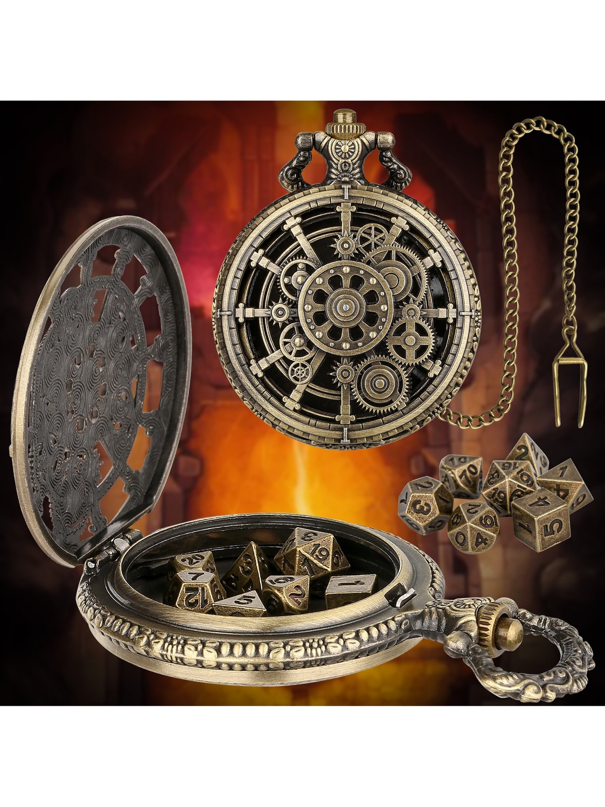 Gear Dice Set, Metal Pocket-Watch Case, Bronze or Dark Silver, photo 2