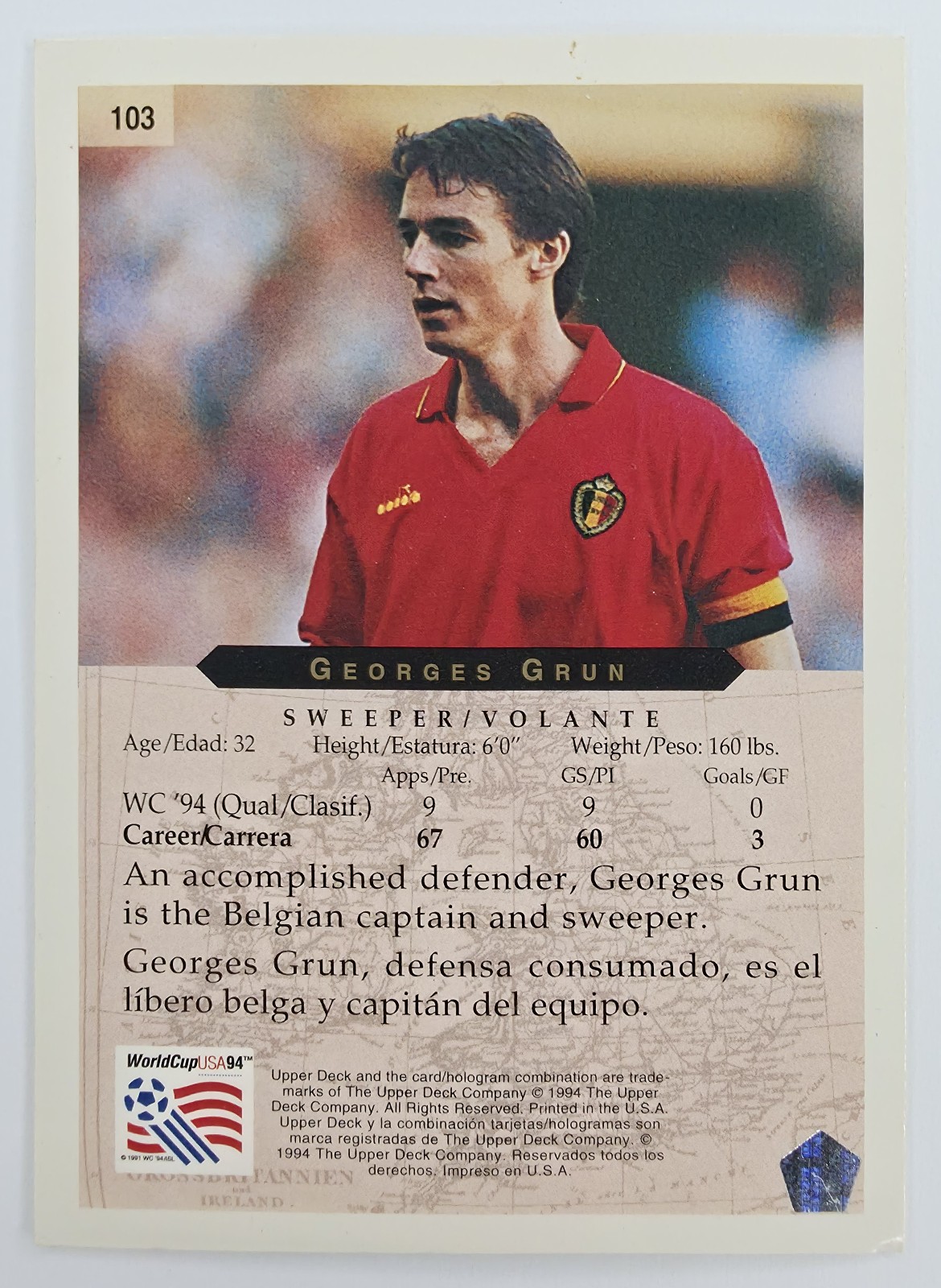 1994 Upper Deck World Cup English/Spanish Georges Grun #103 Belgium back