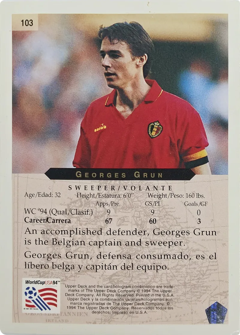 1994 Upper Deck World Cup English/Spanish Georges Grun #103 Belgium, back