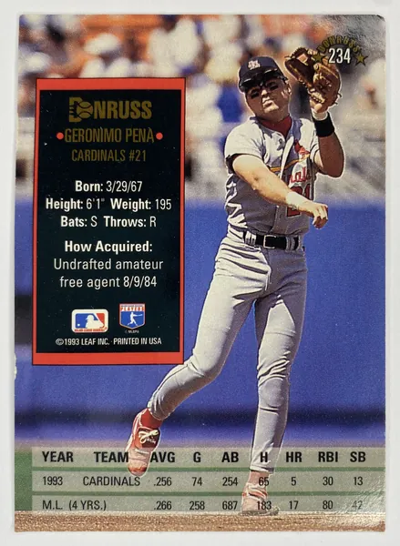 1994 Donruss Geronimo Pena #234 St. Louis Cardinals back
