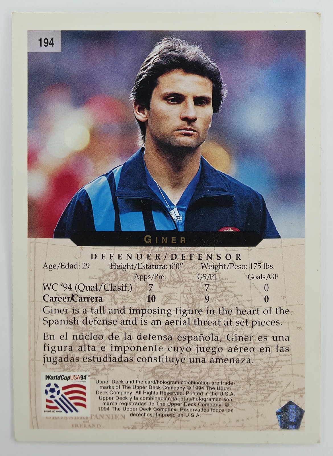 1994 Upper Deck World Cup English/Spanish Giner #194 Spain back