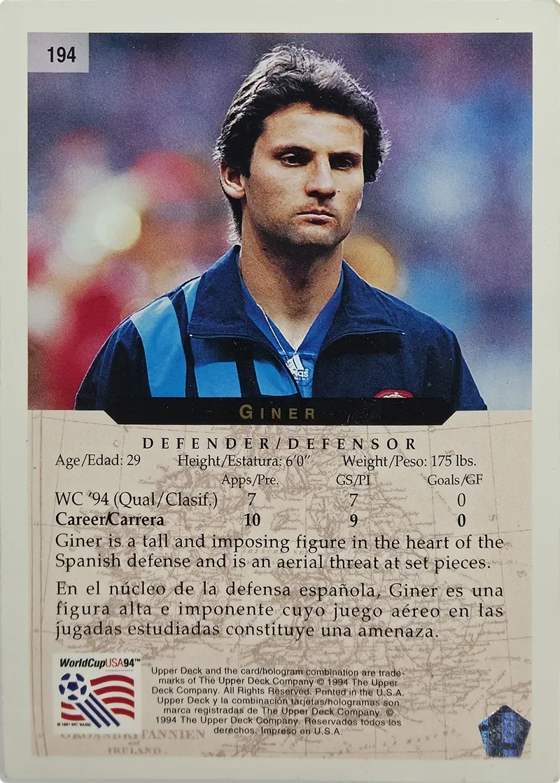 1994 Upper Deck World Cup English/Spanish Giner #194 Spain, back