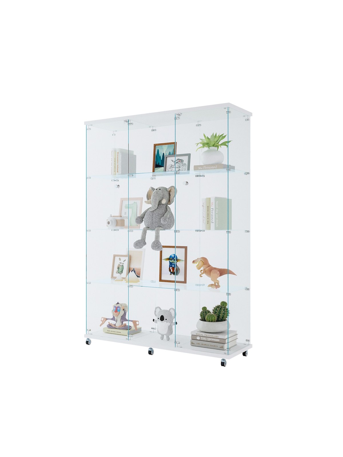 Glass Display Cabinet, 4 Shelves, Rolling Casters, White, photo 1