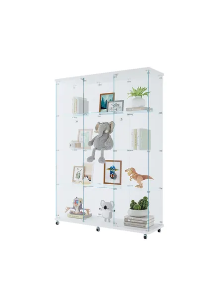 Glass Display Cabinet, 4 Shelves, Rolling Casters, White, photo 1