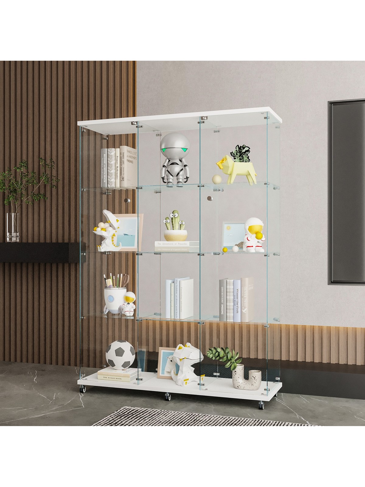 Glass Display Cabinet, 4 Shelves, Rolling Casters, White, photo 2
