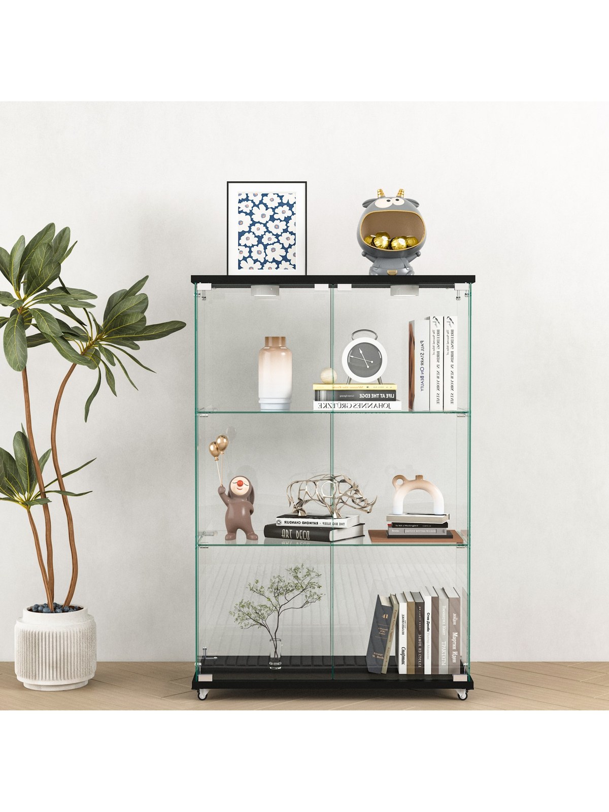 Glass Display Cabinet with LED Lights, 2-Door 3-Shelf, Black, photo 1