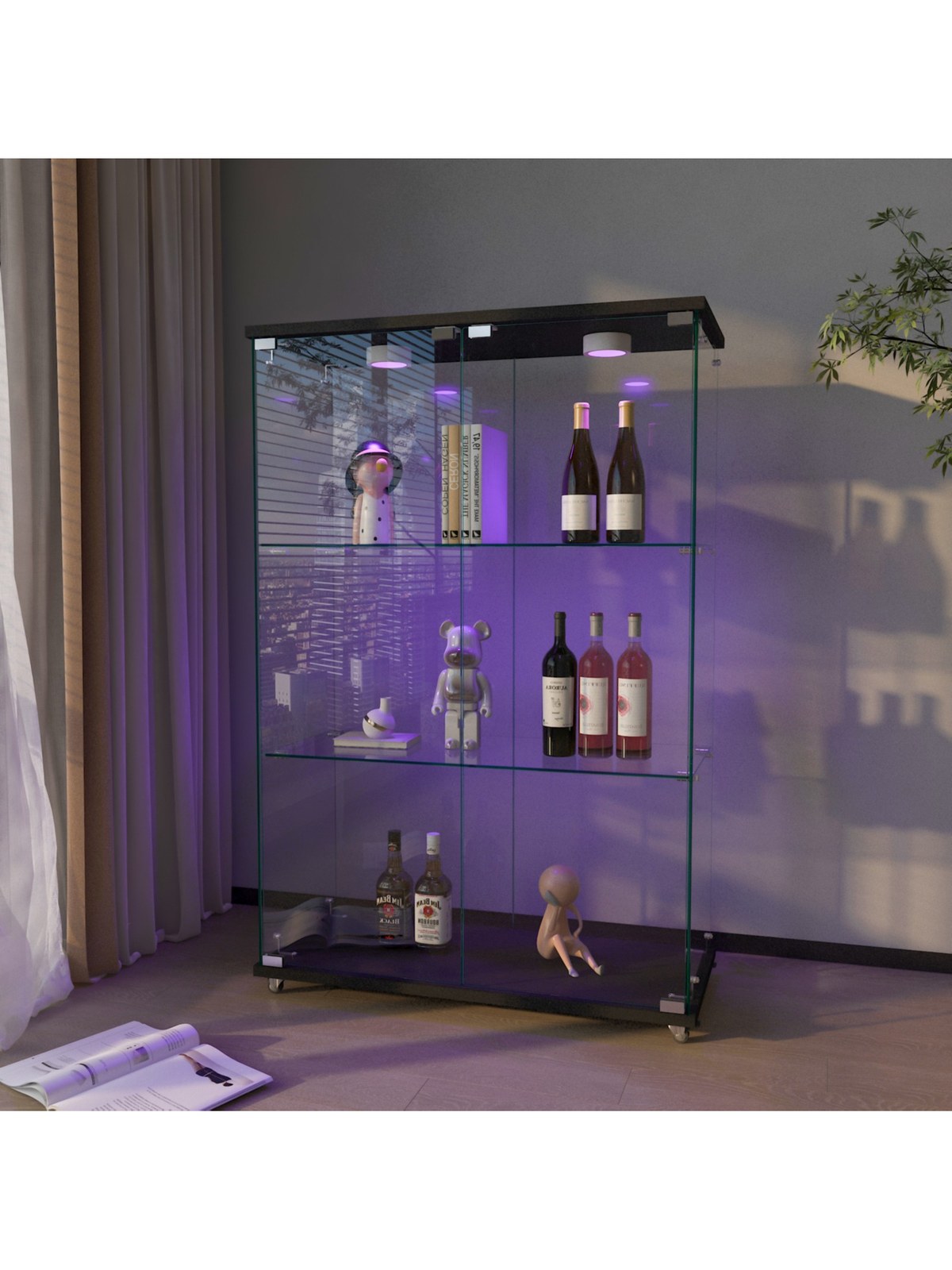 Glass Display Cabinet with LED Lights, 2-Door 3-Shelf, Black, photo 2
