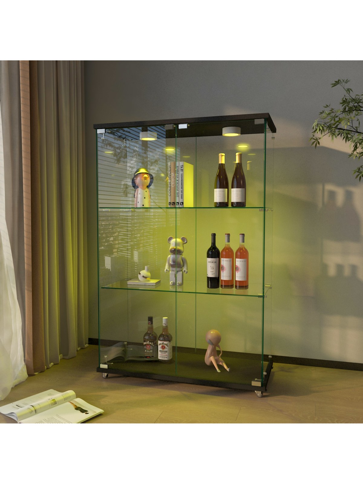 Glass Display Cabinet with LED Lights, 2-Door 3-Shelf, Black, photo 3