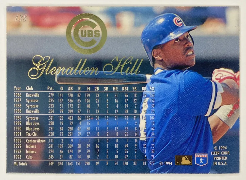 1994 Flair Glenallen Hill #138 Chicago Cubs back
