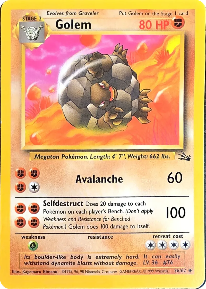 1999 Pokemon Fossil Golem #36/62 Unlimited Uncommon, front