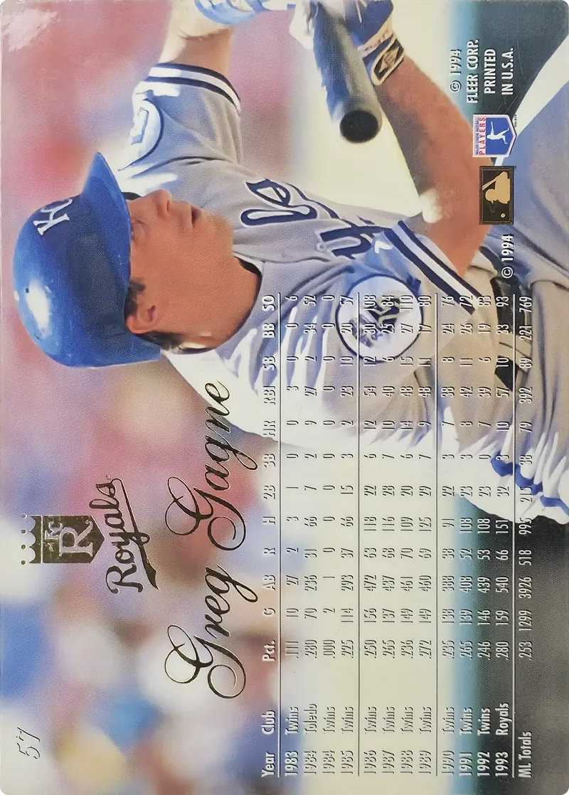 1994 Flair Greg Gagne #57 Kansas City Royals, back
