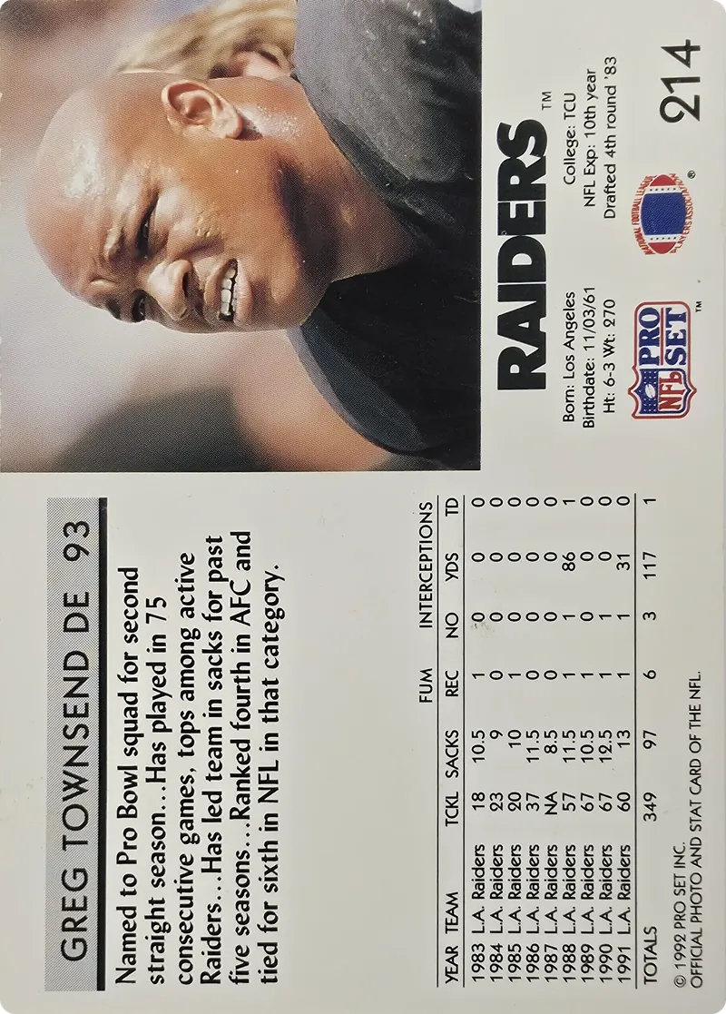 1992 Pro Set Greg Townsend #214, back