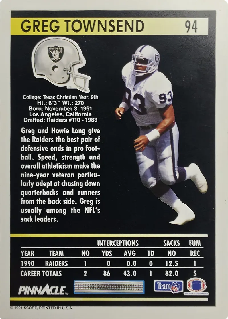1991 Pinnacle Greg Townsend #94, back