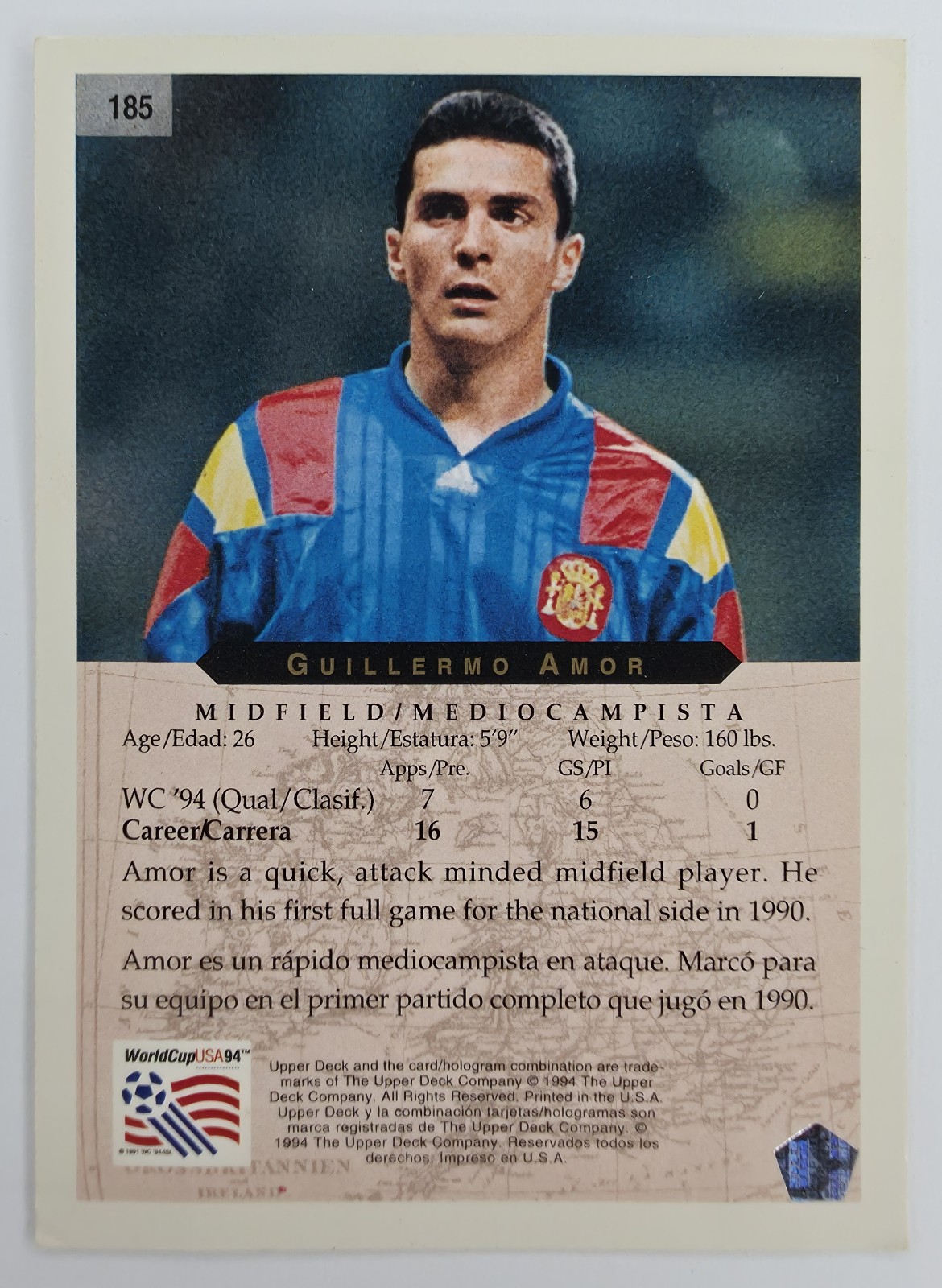 1994 Upper Deck World Cup English/Spanish Guillermo Amor #185 Spain back