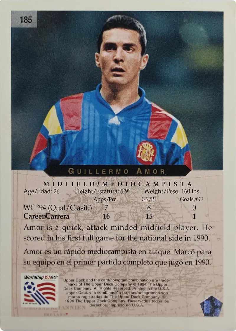 1994 Upper Deck World Cup English/Spanish Guillermo Amor #185 Spain, back