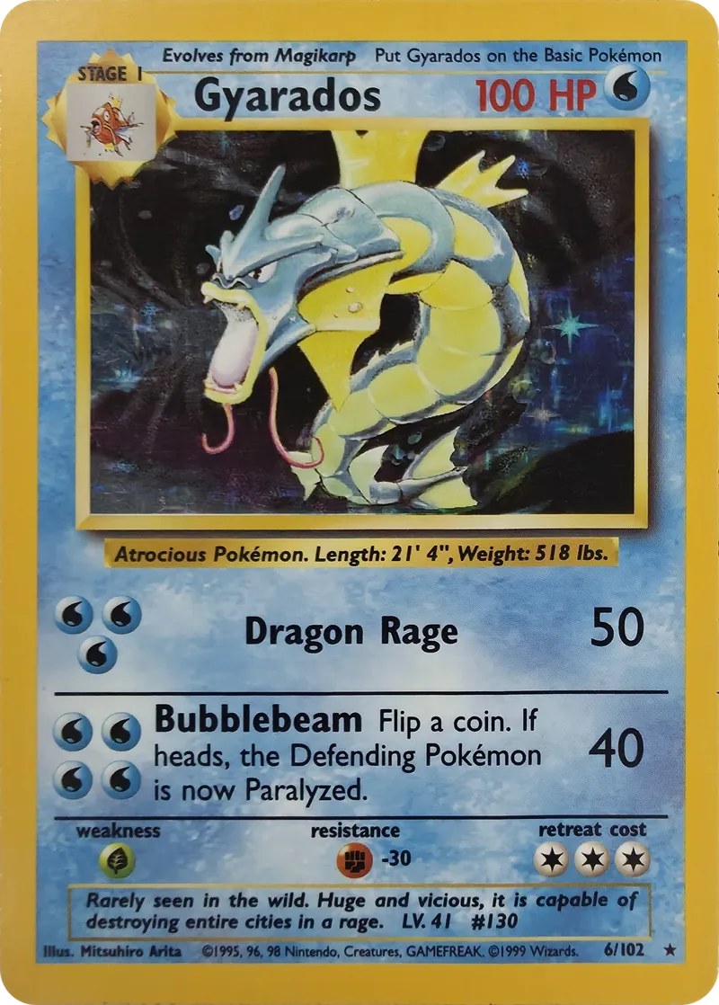 1999 Pokemon Base Set Gyarados #6/102 Unlimited Holo Rare, front