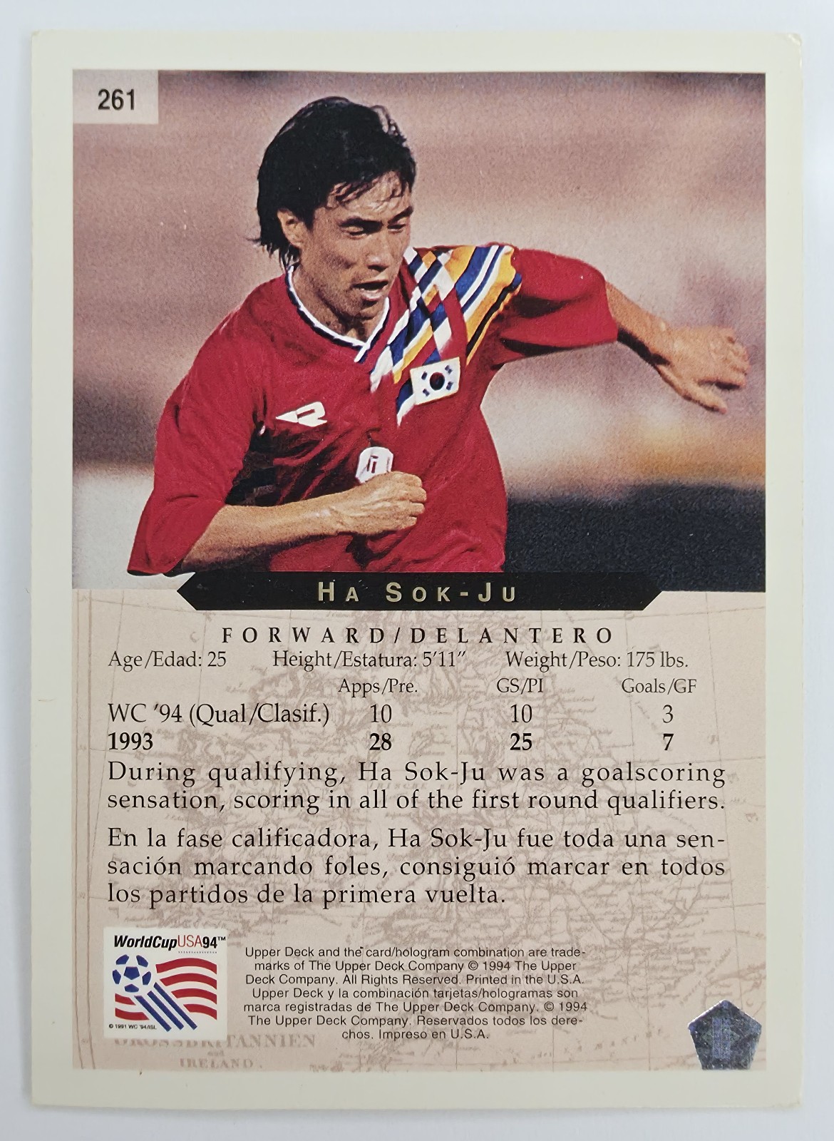 1994 Upper Deck World Cup English/Spanish Ha Sok-Ju #261 South Korea back
