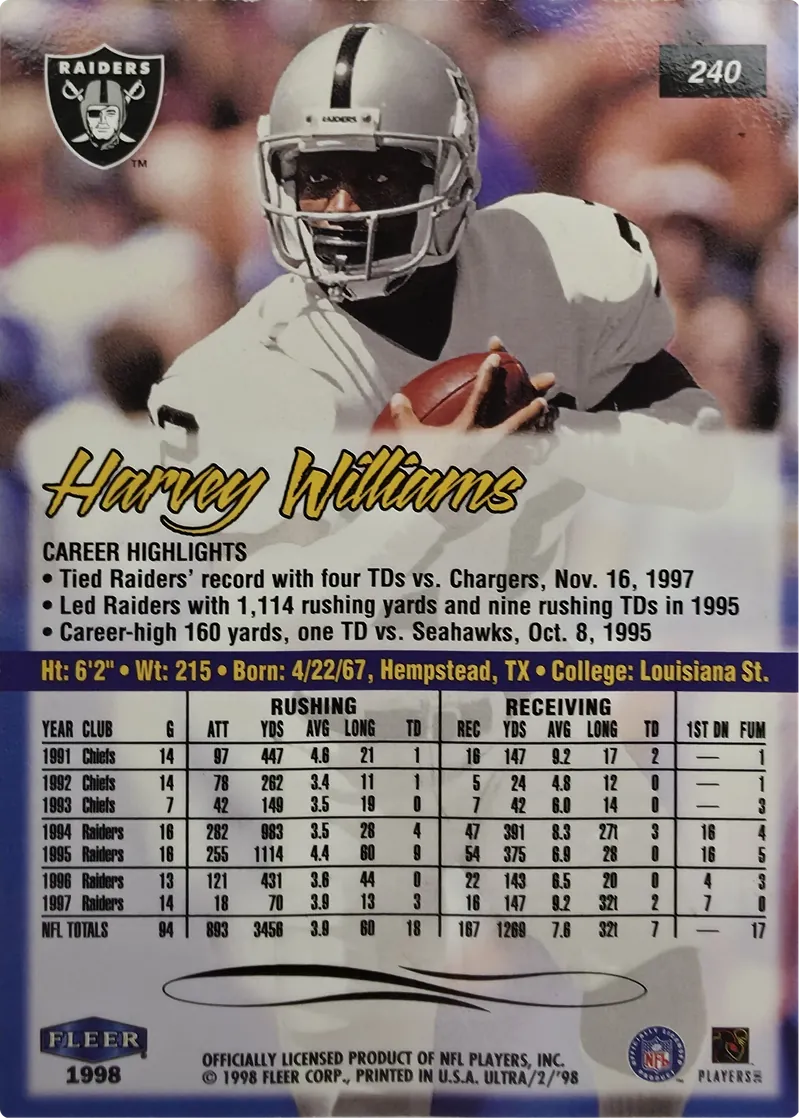 1998 Fleer Ultra Harvey Williams #240, back
