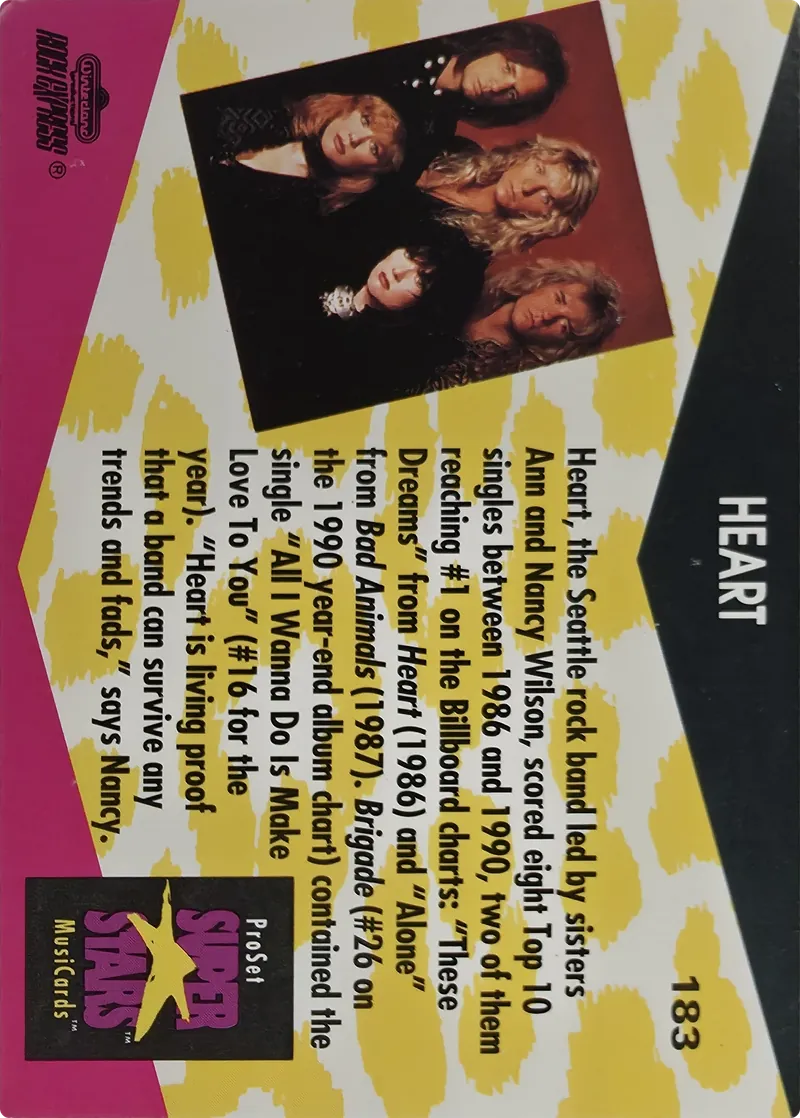 1991 Pro Set SuperStars MusiCards Heart #183, back